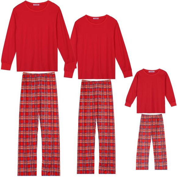 Child's Christmas Long Sleeve Tee with Pants Plaid Pajama Sets Red - Picture 2 of 4